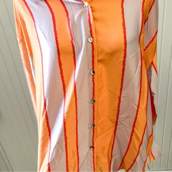 Entro In Your Heart Peach Orange Striped Blouse Silky Satin Top - Picture 5 of 8